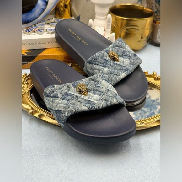 🆕 KURT GEIGER LONDON 🧿 NWOB Blue Denim Meena Eagle Slides, Sz EU 40.5 US 9.5 - Picture 7 of 14